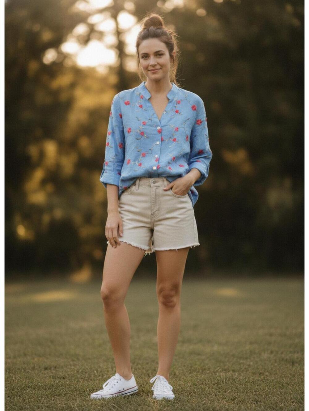 Kindred Blue Bohemian Embroidered Floral Button-Down Blouse Large